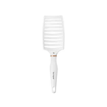 A white hairbrush with a rectangular slotted head and a white handle, featuring a small rose gold accent band and the 'The Belle Brush' brand name printed vertically on the handle.