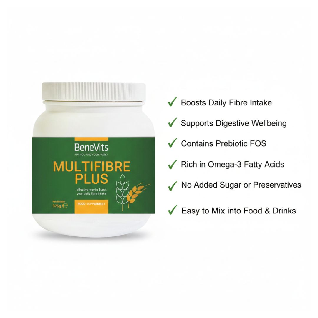 BeneVits Multifibre Plus container on a white background with product benefits listed to the right hand side