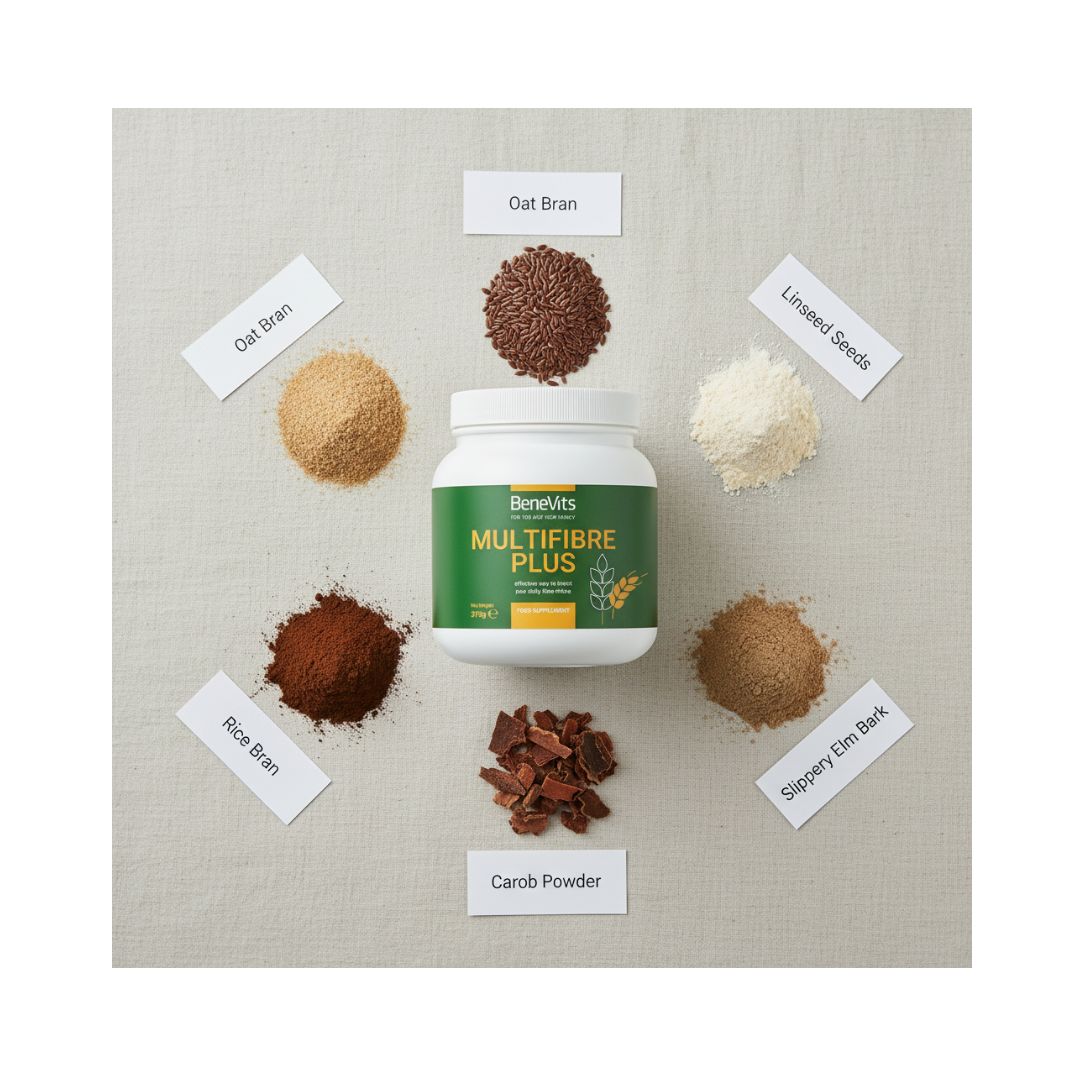 BeneVits Multifibre Plus surrounded by its various ingredients 