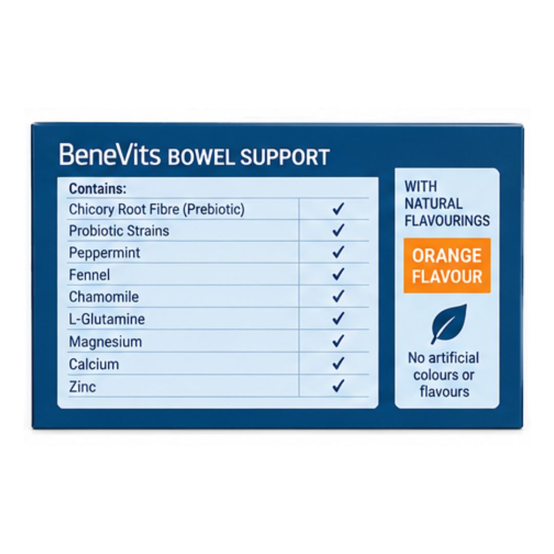 BeneVits Bowel Support 30 Sachets nutritional information graphic 