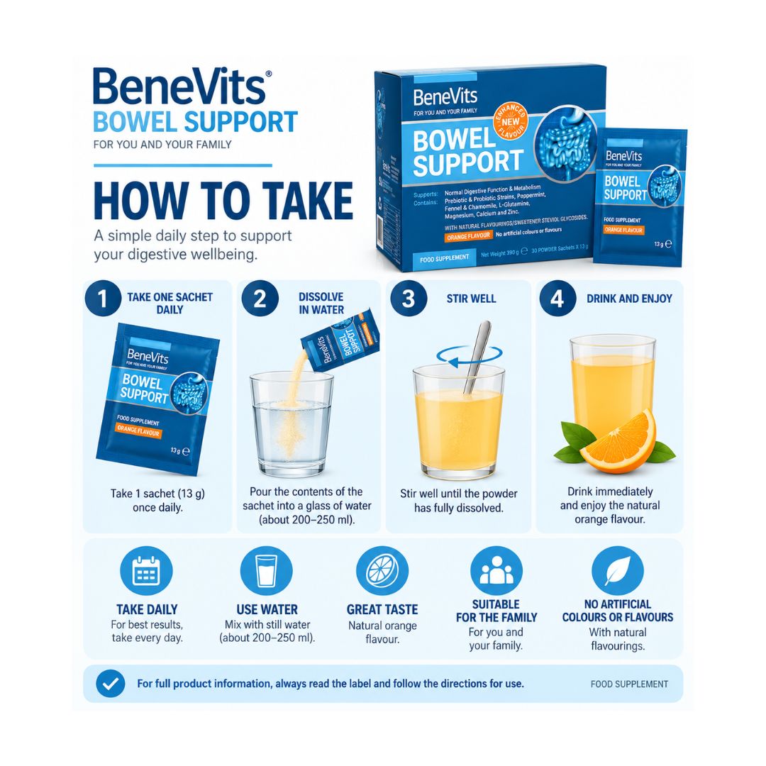 BeneVits Bowel Support 30 Sachets 'HOW TO TAKE' graphic