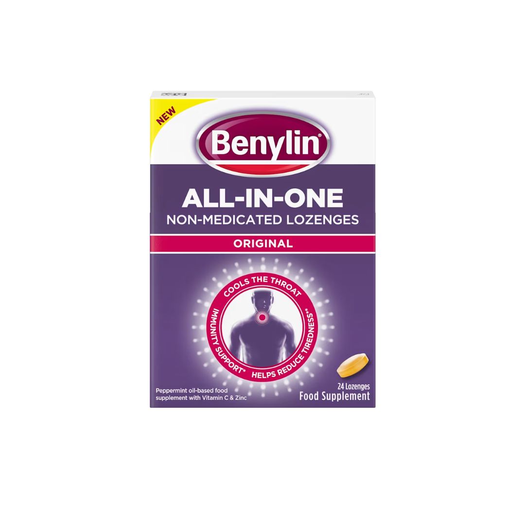 Benylin All-in-One Original Throat Lozenges 24 Pack packaging on a white background