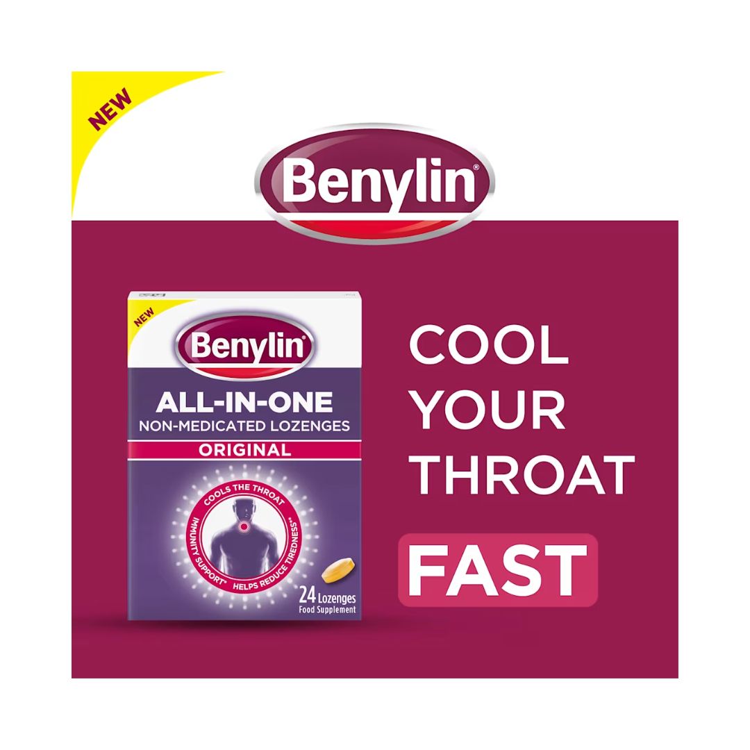 Benylin All-in-One Original Throat Lozenges 'COOL YOUR THROAT' graphic on a red and white background