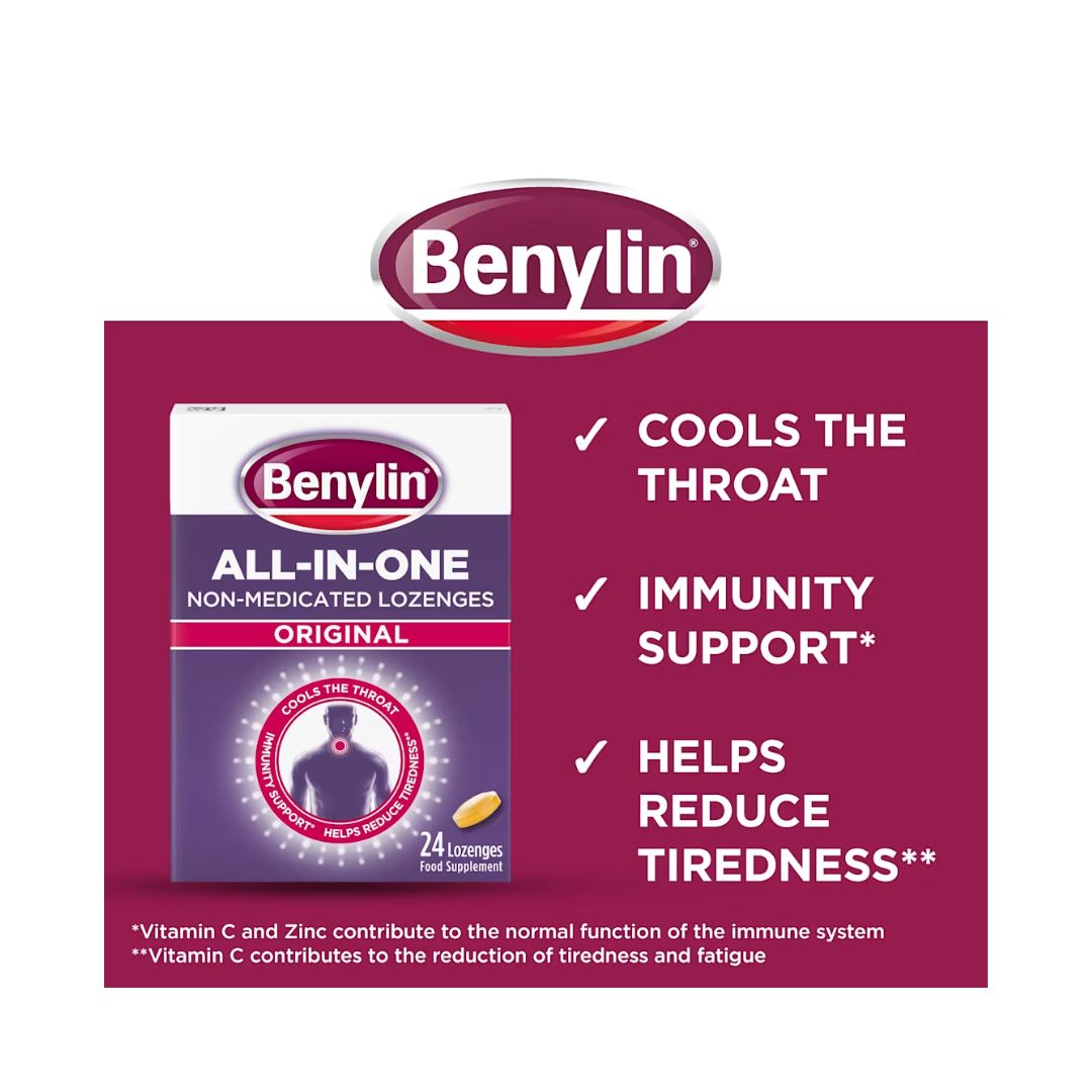 Benylin All-in-One Original Throat Lozenges product benefits on a white and red background