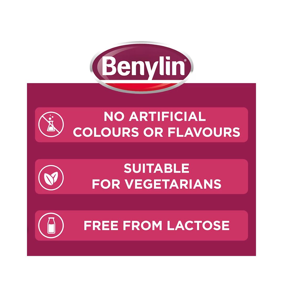 Benylin All-in-One Original Throat Lozenges 24 Pack product details on a red and white background