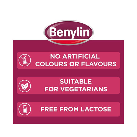 Benylin All-in-One Original Throat Lozenges 24 Pack product details on a red and white background