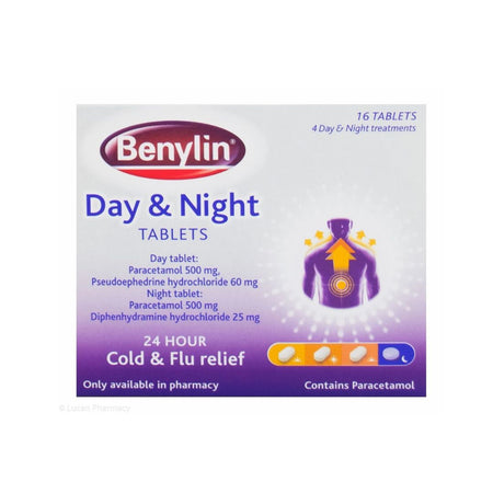 Benylin Day & Night Tablets packaging box, showing 16 tablets for 4-day and night treatments, with a purple and white design and an illustration of a human torso highlighting the throat.