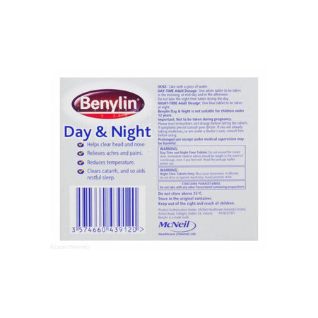 Benylin Day & Night liquid medicine packaging label by McNeil, showing product details, dosage instructions, and a barcode on a white background.
