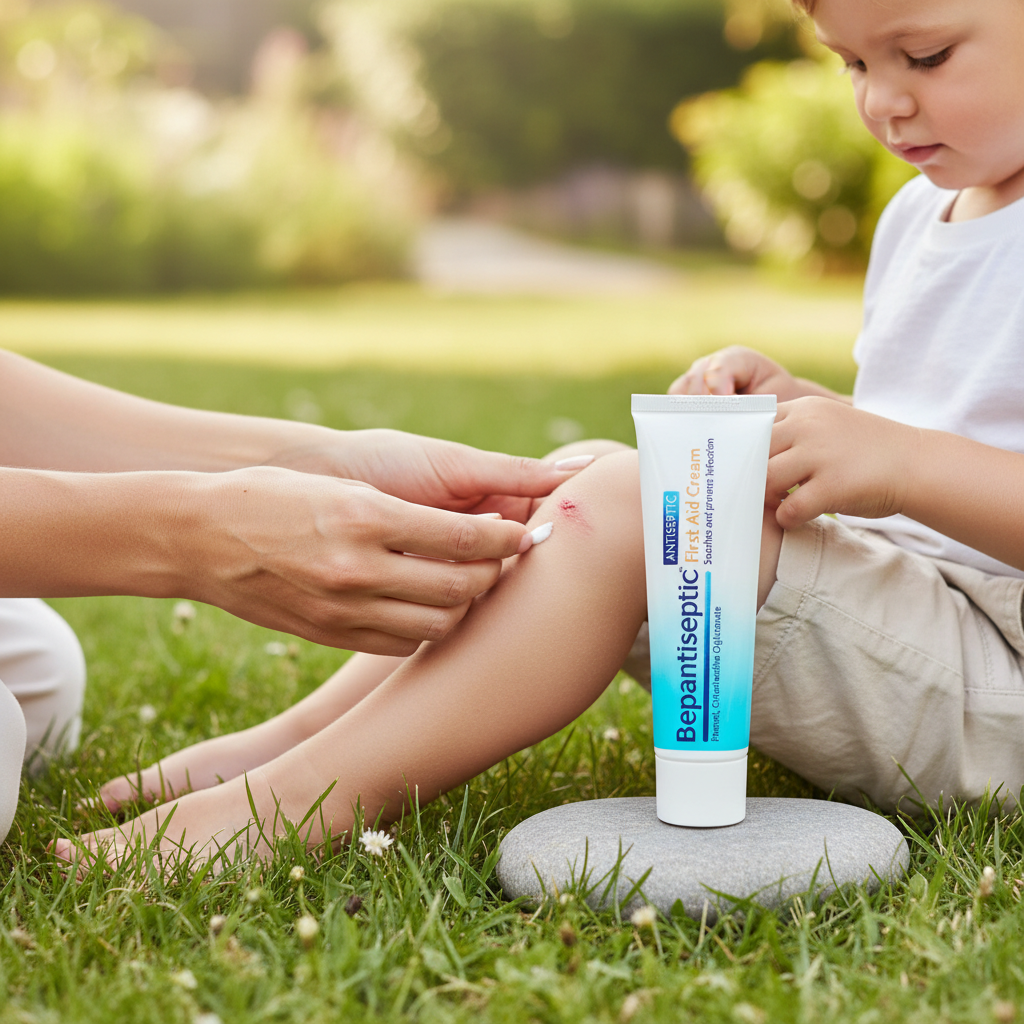 Person applying cream to a child's leg with a tube of Bepanthel Cream in the foreground, outdoors.