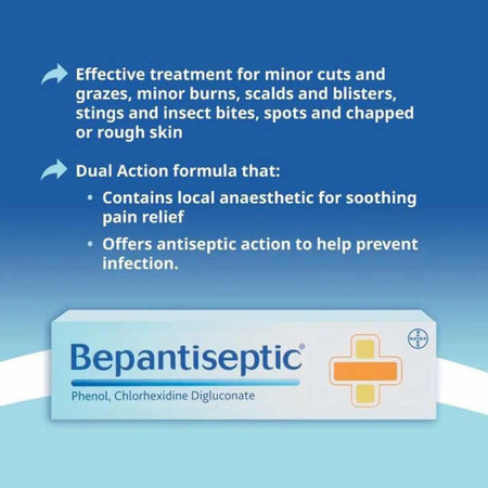 Bepantiseptic product packaging with text on a blue background