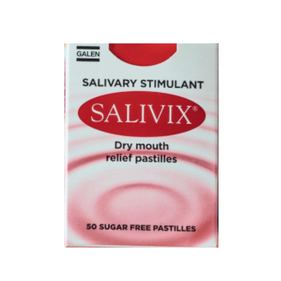 Box of Salivix dry mouth relief pastilles on a white background