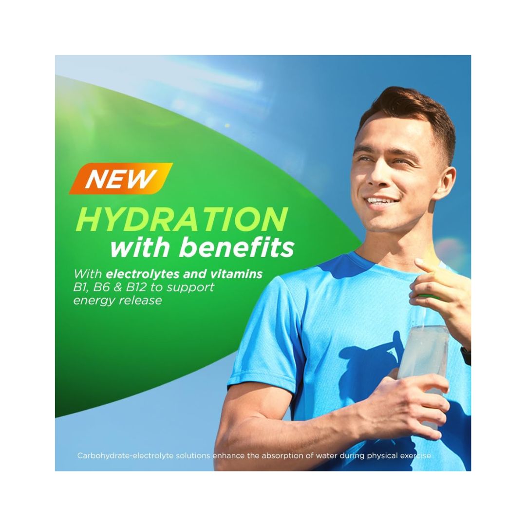 Berocca Hydrate Mango & Passionfruit picture of man with product on a blue sky background