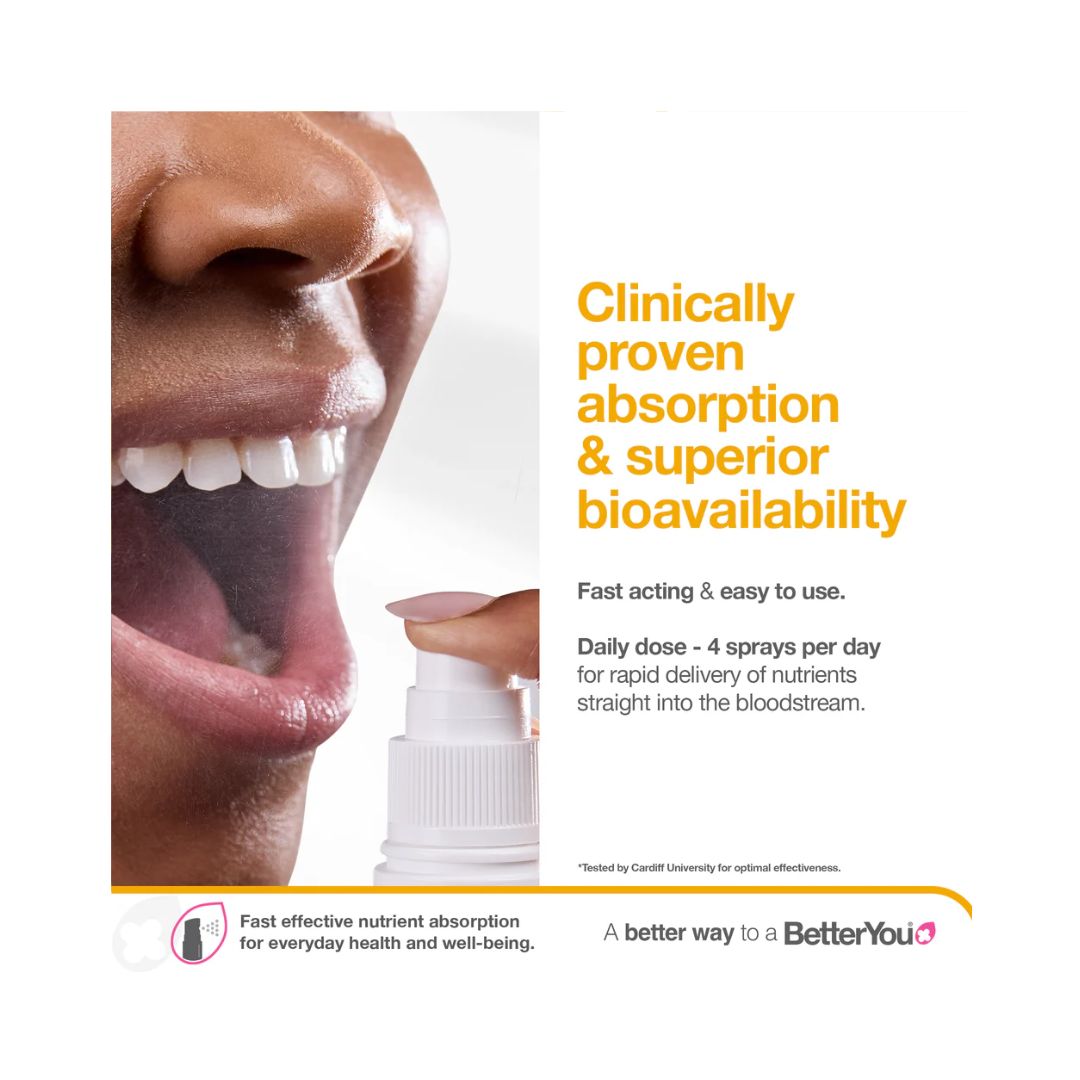 Better You Boost Vitamin B12 Daily Oral Spray absorption and dosage graphic
