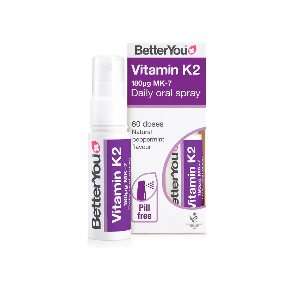 Better You Vitamin K2 180ug Daily Oral Spray packlaging and spray bottle on white background