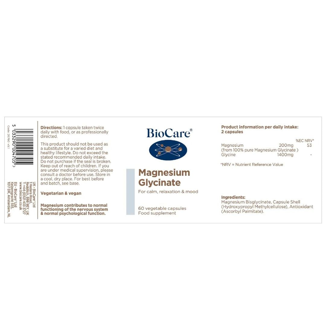 BioCare Magnesium Glycinate 60 Capsules label laid out on a white background