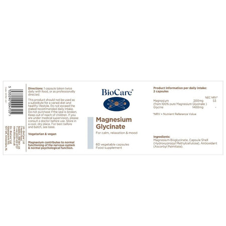 BioCare Magnesium Glycinate 60 Capsules label laid out on a white background