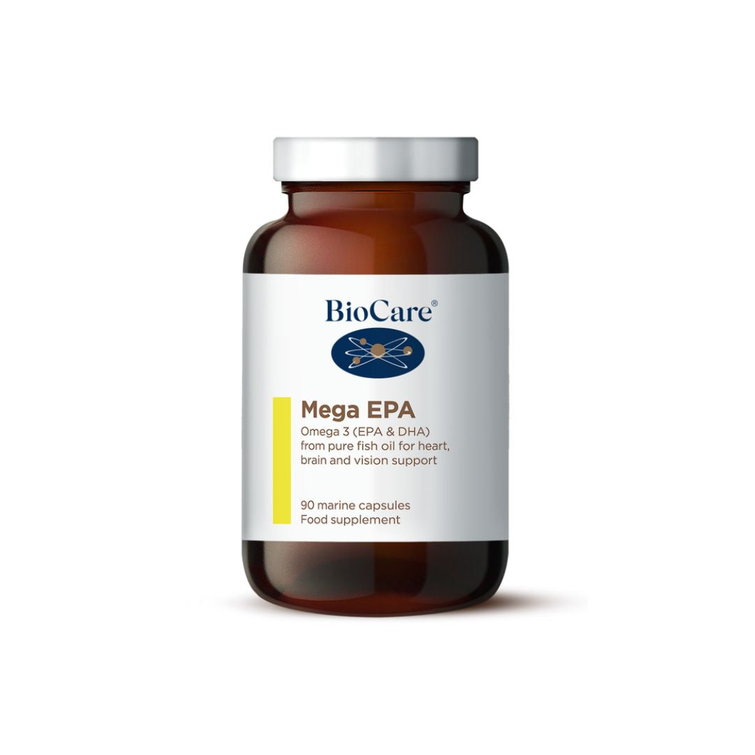 BioCare MegaEPA 90 capsules bottle on a white background