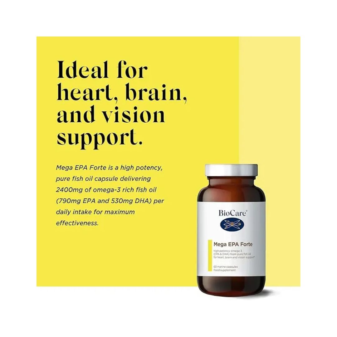 BioCare Mega EPA Forte ingredient information graphic on a yellow background