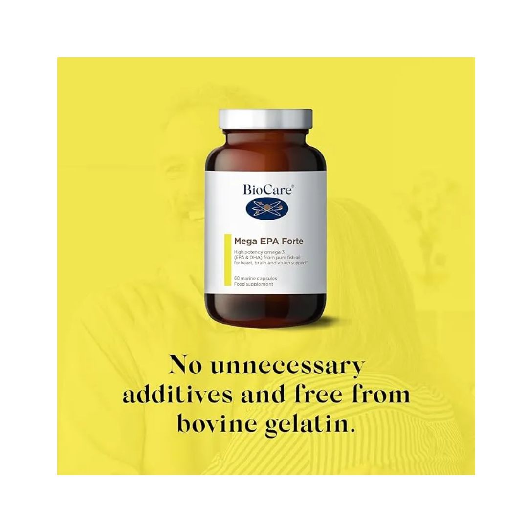 BioCare Mega EPA Forte additives information ona yellow background