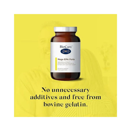 BioCare Mega EPA Forte additives information ona yellow background
