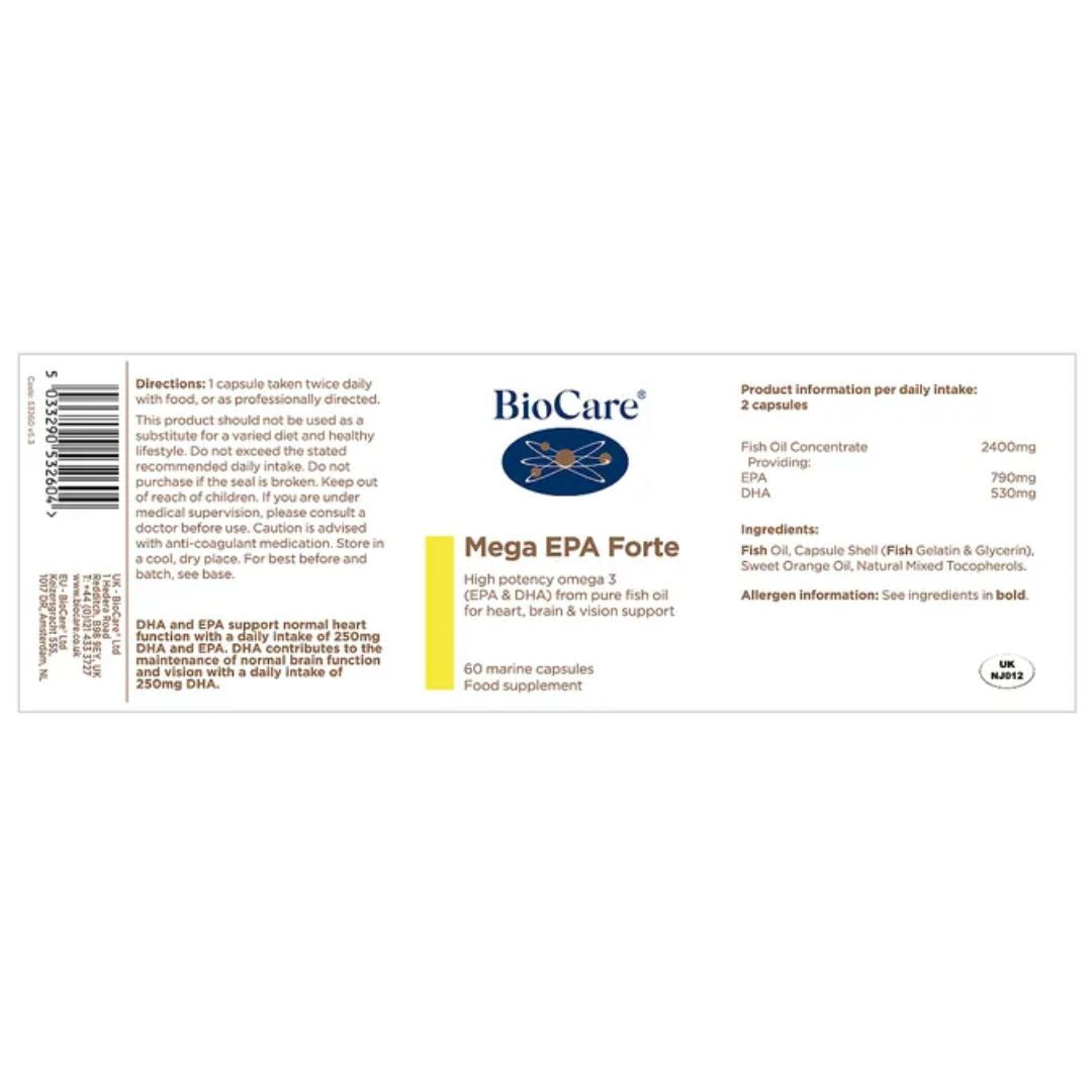 BioCare Mega EPA Forte information label on a white background
