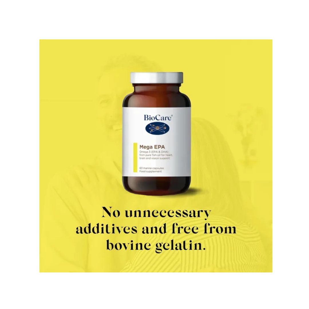 BioCare MegaEPA 'no unnecesary additives' graphic on a yellow background
