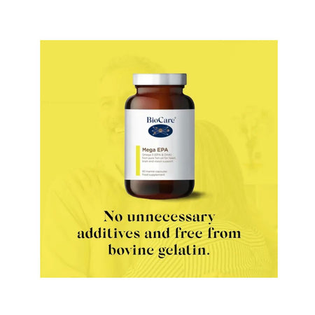 BioCare MegaEPA 'no unnecesary additives' graphic on a yellow background