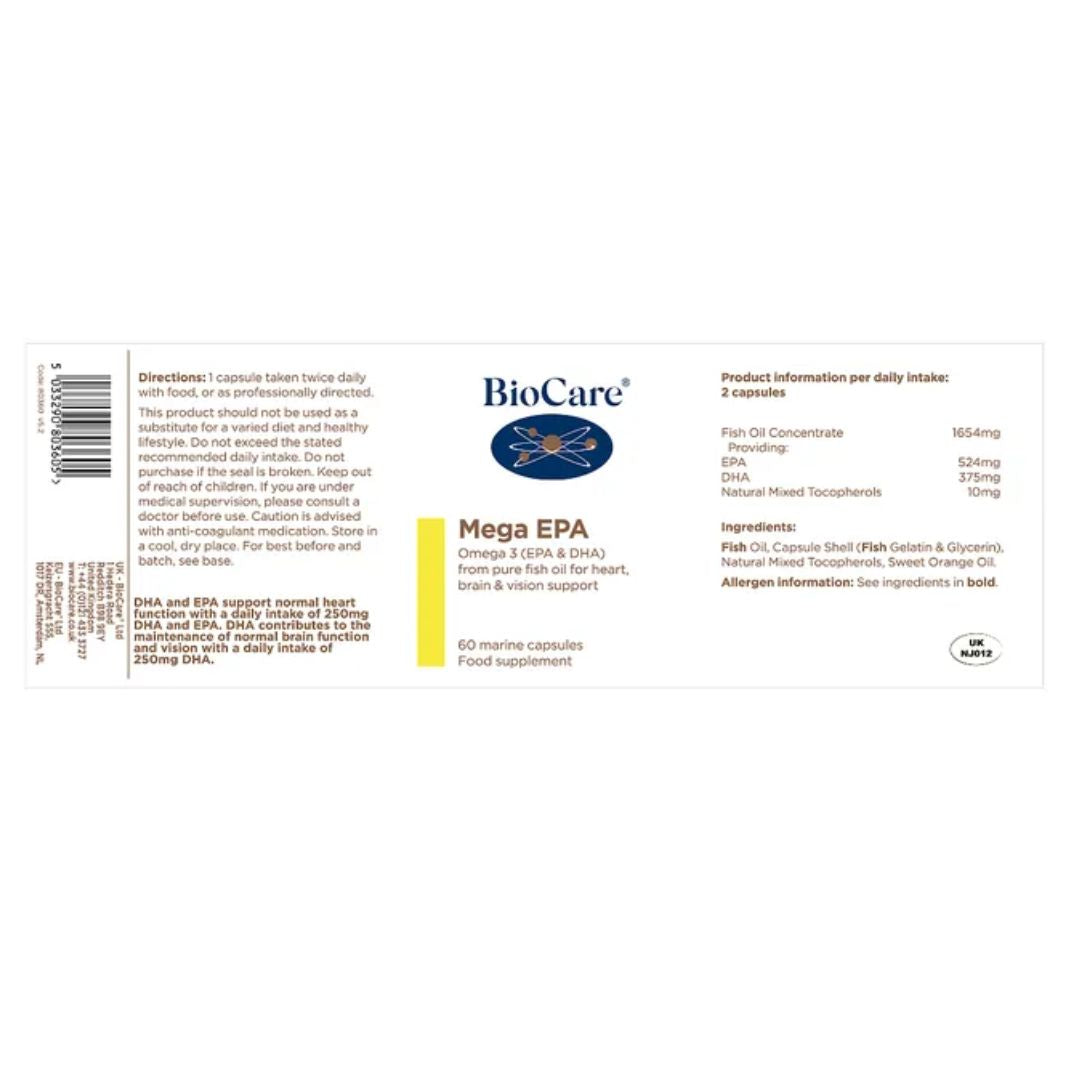 BioCare MegaEPA label information on a white background