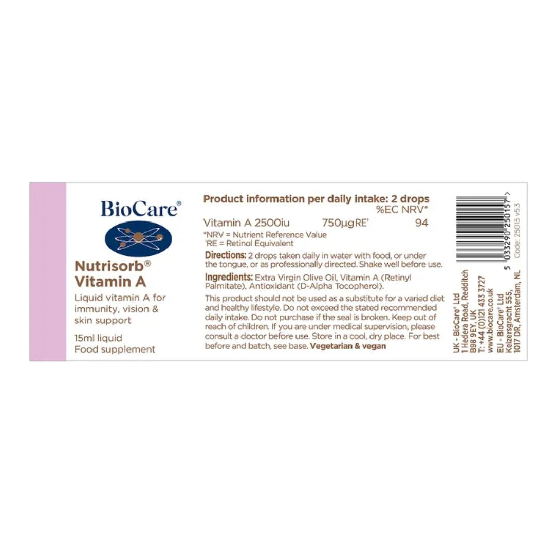 BioCare Nutrisorb Vitamin A information label on a white background
