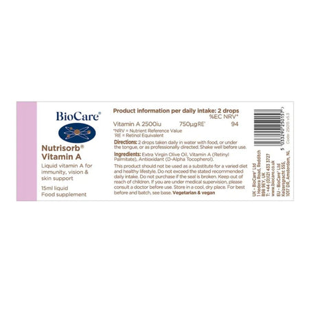 BioCare Nutrisorb Vitamin A information label on a white background