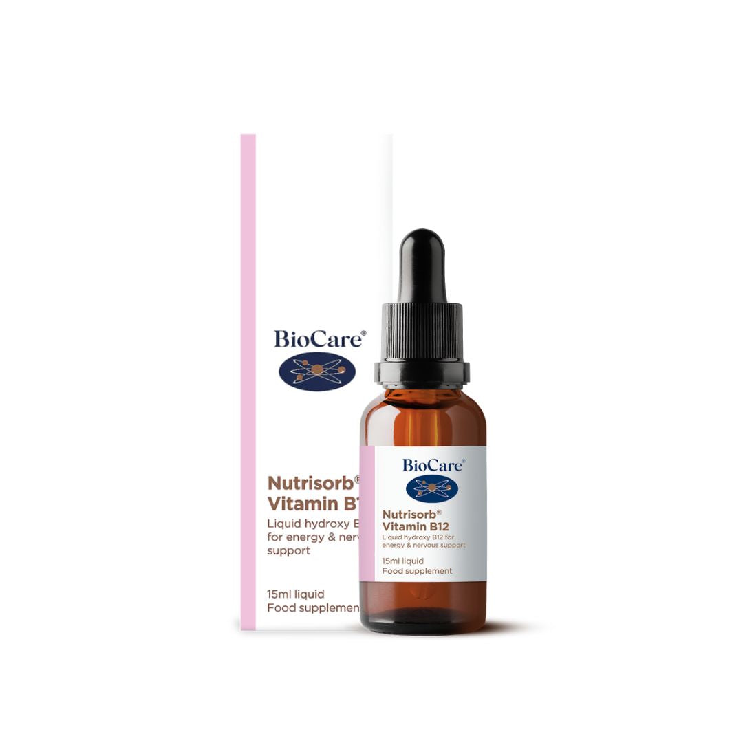 BioCare Nutrisorb Vitamin B12 Dropper and Packsging on a white background