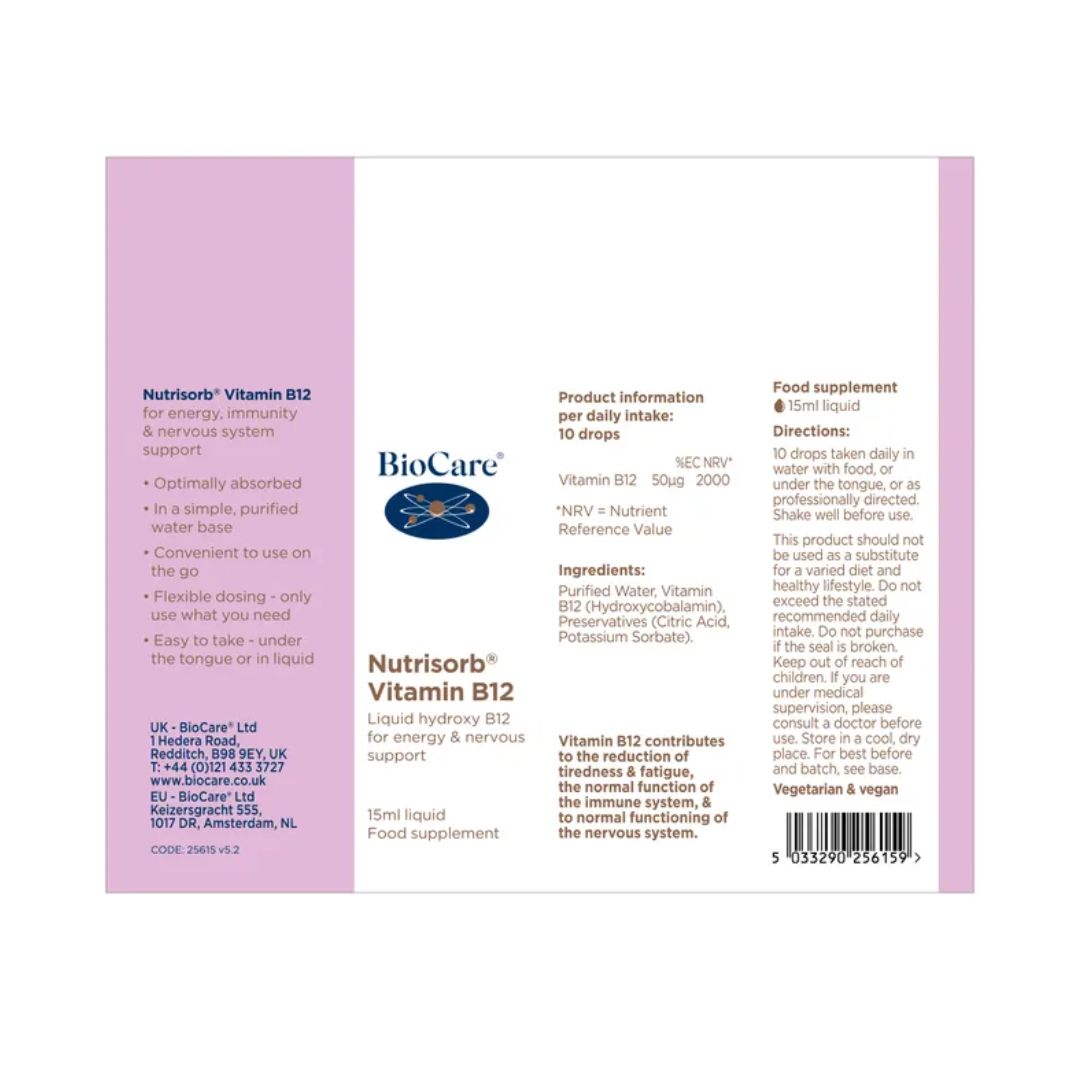 BioCare Nutrisorb Vitamin B12 packaging folded out on a white background