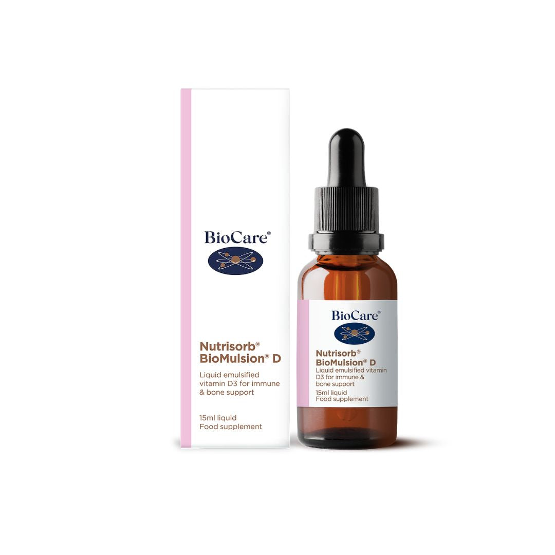 BioCare Nutrisorb BioMulsion D 15ml packaging and bottle on a white background