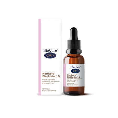 BioCare Nutrisorb BioMulsion D 15ml packaging and bottle on a white background