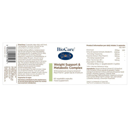 BioCare Weight Support & Metabolic Complex label on a white background