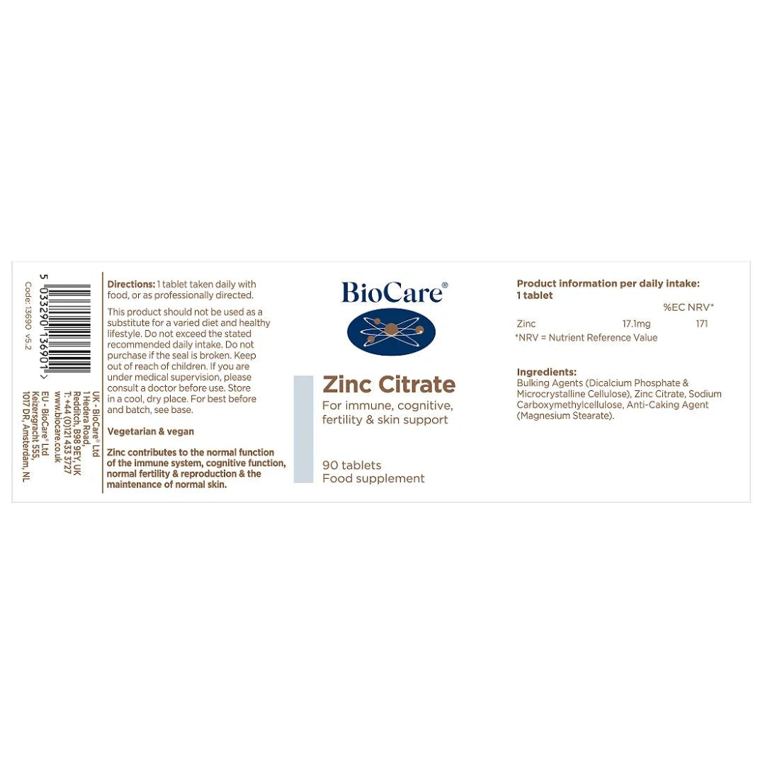 BioCare Zinc Citrate 90 Tablets label on a white background