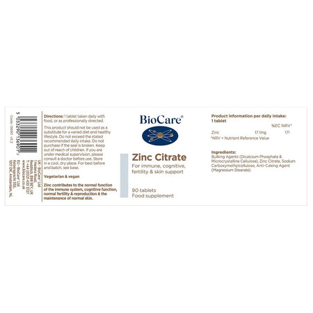 BioCare Zinc Citrate 90 Tablets label on a white background