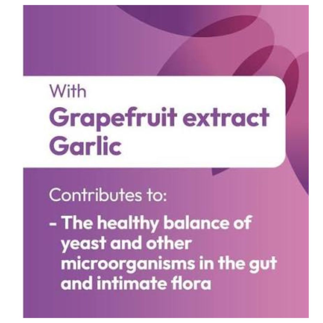 A purple and white graphic card with text reading 'With Grapefruit extract Garlic' and 'Contributes to: - The healthy balance of yeast and other microorganisms in the gut and intimate flora'.