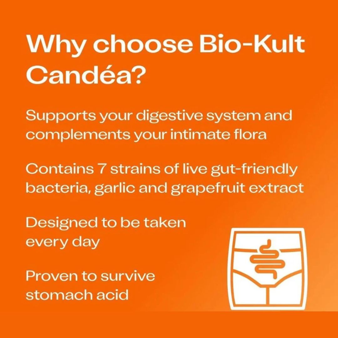 An orange promotional graphic with white text reading 'Why choose Bio-Kult Candéa?' and bullet points about digestive and intimate health benefits, plus a small white icon of a stomach/intestine.