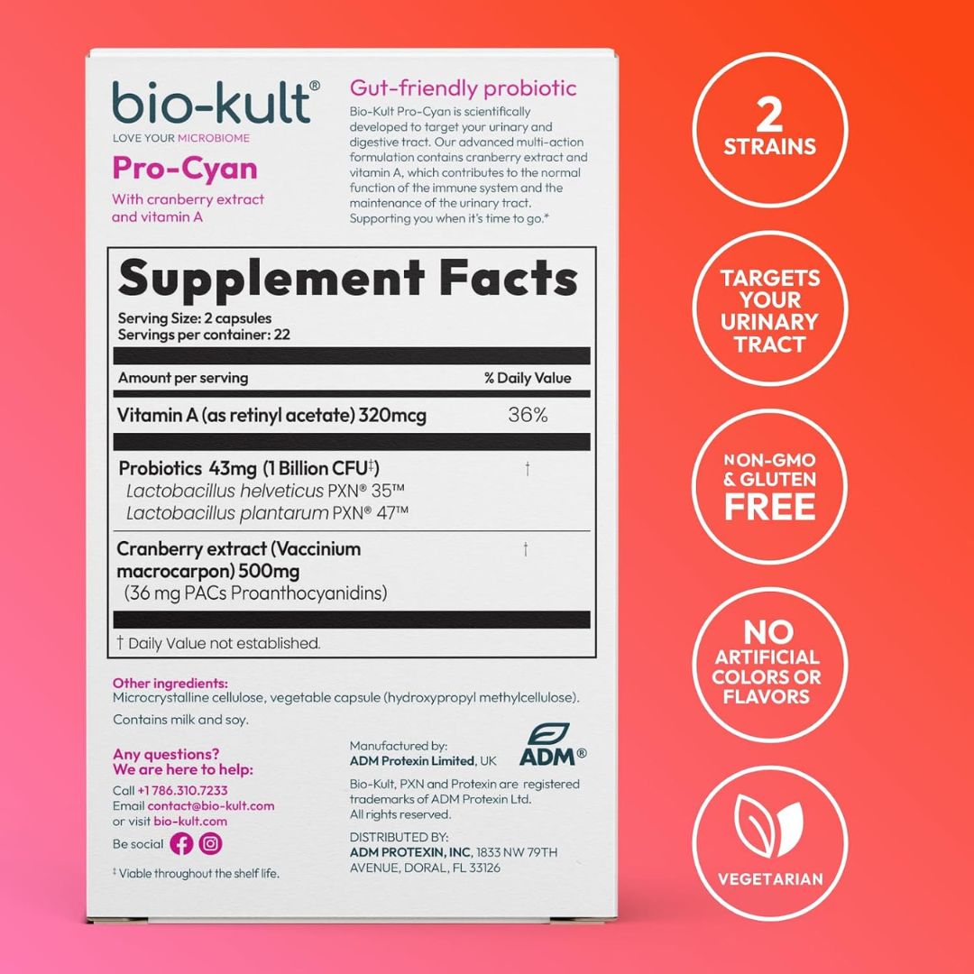 Bio-kult Pro-Cyan Gut-Friendly Probiotic Supplement Facts label on a white card, shown against a coral-to-orange gradient background with circular callouts about 2 strains, urinary tract support, non-GMO, gluten free, and vegetarian.