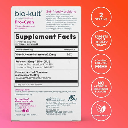 Bio-kult Pro-Cyan Gut-Friendly Probiotic Supplement Facts label on a white card, shown against a coral-to-orange gradient background with circular callouts about 2 strains, urinary tract support, non-GMO, gluten free, and vegetarian.