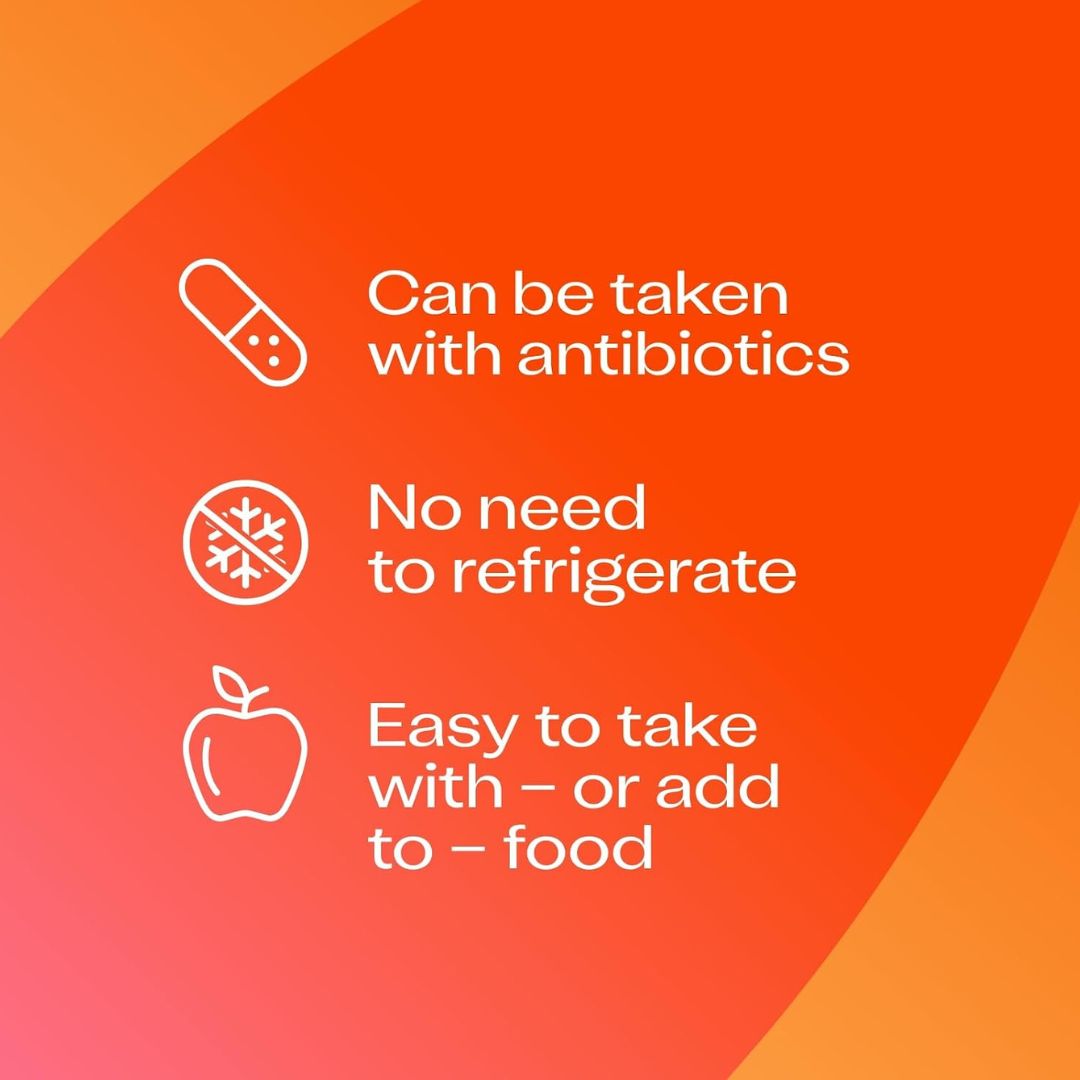 An orange and pink graphic with white text and icons stating: 'Can be taken with antibiotics,' 'No need to refrigerate,' and 'Easy to take with - or add to - food.'.