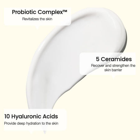 Skincare product with text highlighting probiotic complex, ceramides, and hyaluronic acids on a light background.