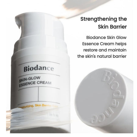 Biodance Skin Glow Essence Cream with close-up of label and text about skin barrier strengthening.