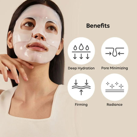 Woman wearing a face mask with icons and text indicating benefits on a beige background