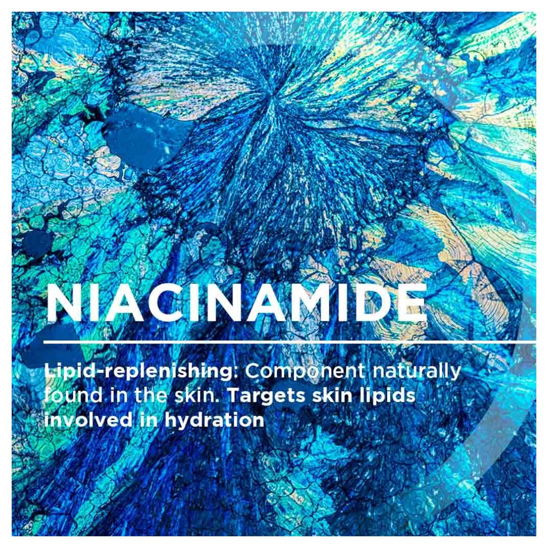 A square informational graphic with an abstract blue and turquoise textured background and large white text reading 'NIACINAMIDE,' plus smaller text describing lipid-replenishing benefits.