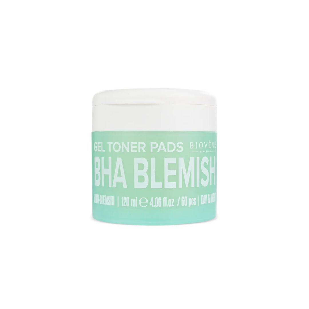 A white plastic jar of Bioventus BHA Blemish Gel Toner Pads with a mint green label, centered on a plain white background.