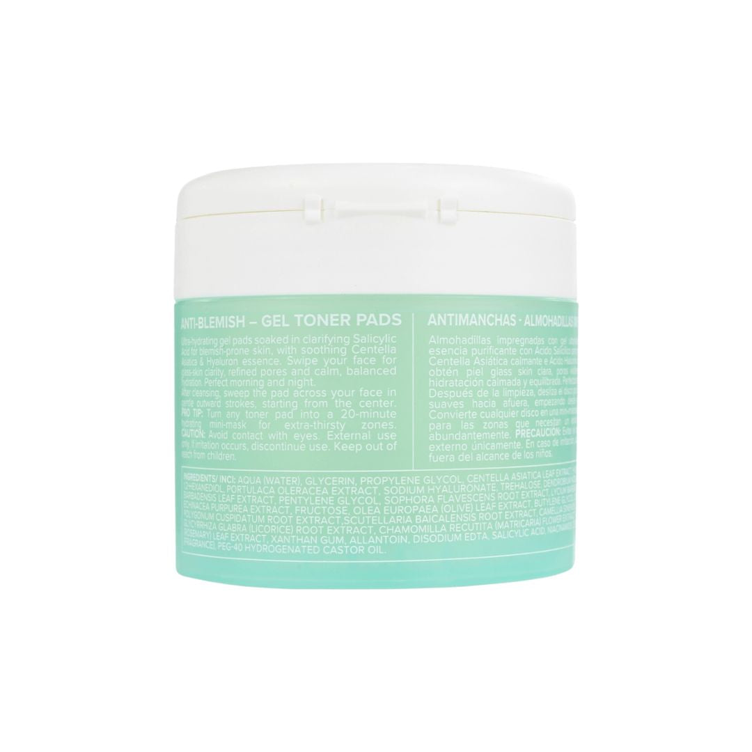 A white plastic jar of Anti-blemish Gel Toner Pads with a mint green label, shown against a plain white background.