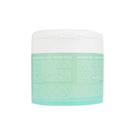 A white plastic jar of Anti-blemish Gel Toner Pads with a mint green label, shown against a plain white background.