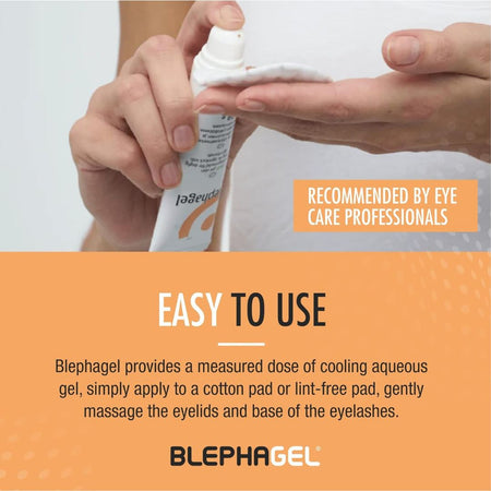 Person applying Blephagel to a cotton pad with text about its use and recommendation by eye care professionals.